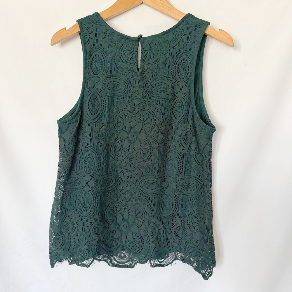Three Pink Hearts Lace Lined Women's Medium Green Tank Boho Feminine Office - Picture 3 of 9
